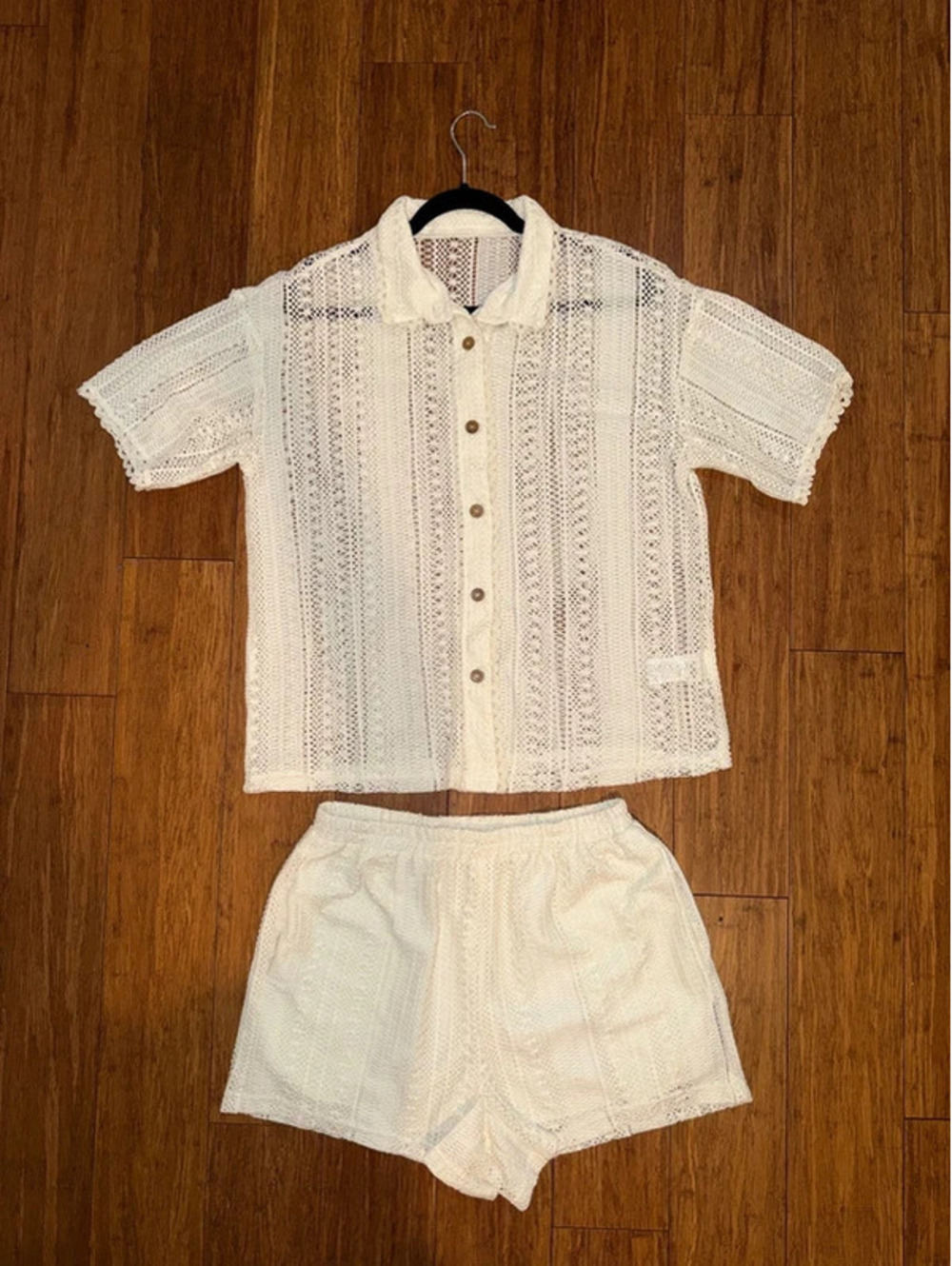 SHEIN Women’s L Cream Crochet Lace Button Up Shirt & Shorts 2 Piece Set Boho